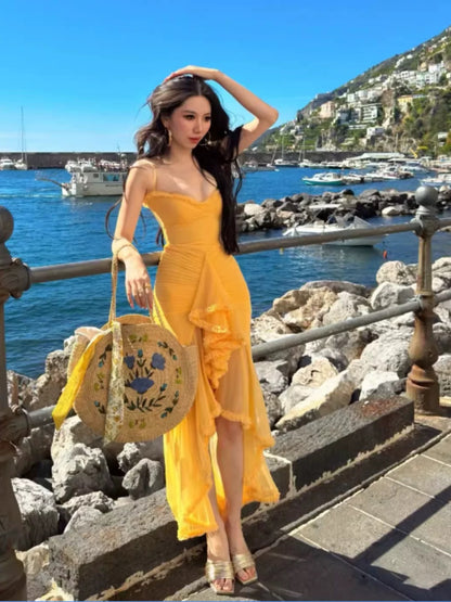 Robe de Soirée Élégante Sirène Jaune Chiffon Bretelles Fines 18ème Anniversaire Robe de Bal de Demoiselle d'Honneur N4055