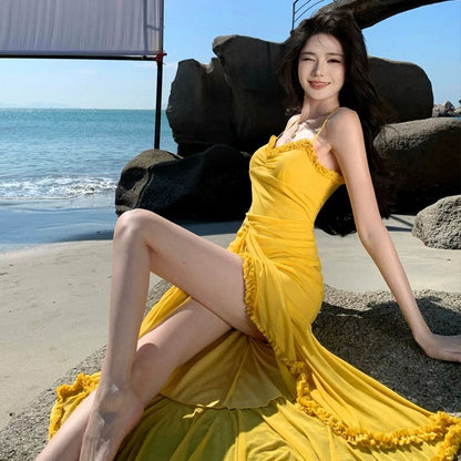 Robe de Soirée Élégante Sirène Jaune Chiffon Bretelles Fines 18ème Anniversaire Robe de Bal de Demoiselle d'Honneur N4055