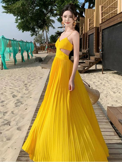 A line Spaghetti Strap Yellow Chiffon Prom Dress 21st Birthday Elegant Outfit Summer Wedding Guest Dresses N4056