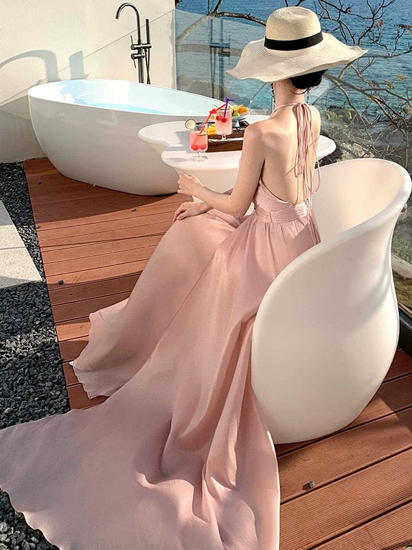 A Line Halter Blush Pink Backless 18th Birthday Elegant Outfit Prom Wedding Guest Dresses N4057