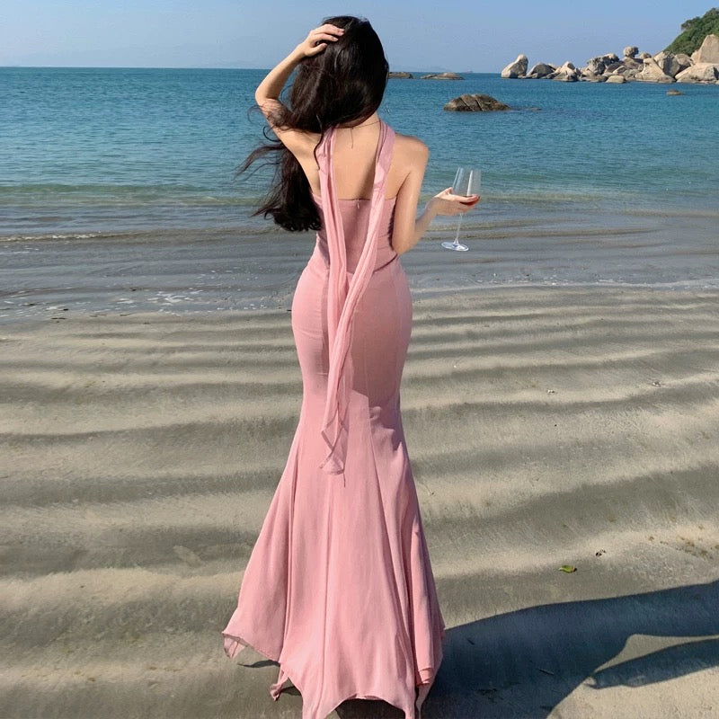 Robe de soirée sirène en mousseline rose fard à joues pour le 18e anniversaire, tenue élégante pour le bal de promo et les invitées de mariage N4058