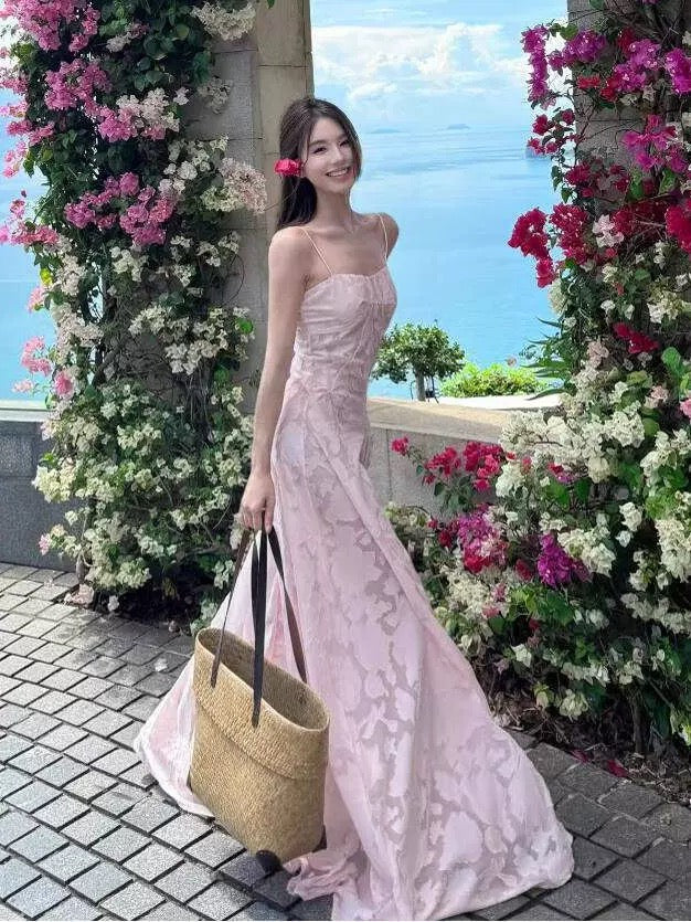 Robe de bal trapèze à fines bretelles en dentelle rose, tenue élégante pour 21e anniversaire, robes d'invitée de mariage d'été N4059