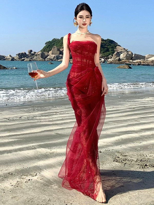 Meerjungfrau Ein-Schulter-Kleid Burgunderrot Spitze zum 18. Geburtstag Elegantes Outfit Abschlussball Brautjungfernkleid N4060