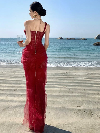 Meerjungfrau Ein-Schulter-Kleid Burgunderrot Spitze zum 18. Geburtstag Elegantes Outfit Abschlussball Brautjungfernkleid N4060
