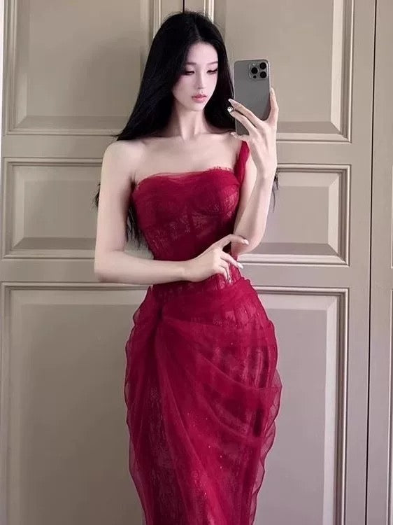 Meerjungfrau Ein-Schulter-Kleid Burgunderrot Spitze zum 18. Geburtstag Elegantes Outfit Abschlussball Brautjungfernkleid N4060