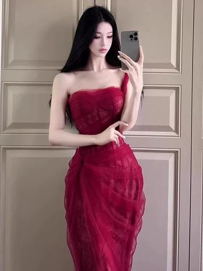 Meerjungfrau Ein-Schulter-Kleid Burgunderrot Spitze zum 18. Geburtstag Elegantes Outfit Abschlussball Brautjungfernkleid N4060
