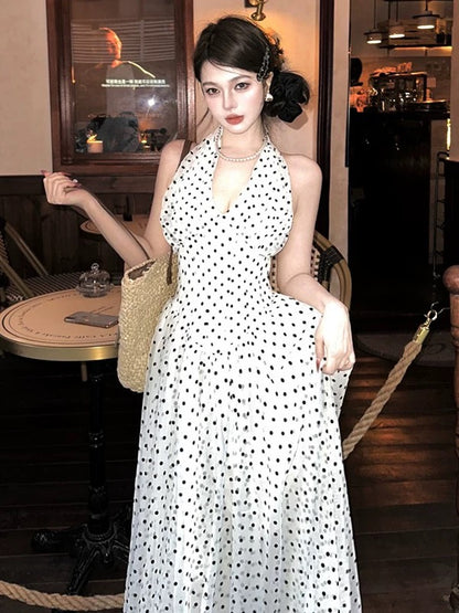 Robe de bal trapèze dos nu à pois noirs, tenue élégante pour 21ème anniversaire, robes d'invitée pour mariage d'été N4061