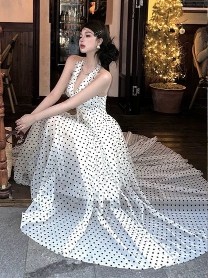 Robe de bal trapèze dos nu à pois noirs, tenue élégante pour 21ème anniversaire, robes d'invitée pour mariage d'été N4061
