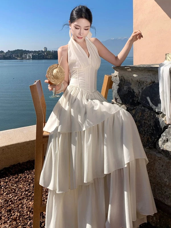A line Halter White Chiffon Prom Dress 21st Birthday Elegant Outfit Summer Wedding Guest Dresses N4062