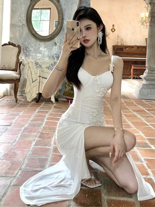 Sheath Spaghetti Strap White Mid Length 18th Birthday Elegant Outfit Wedding Guest Dresses N4063