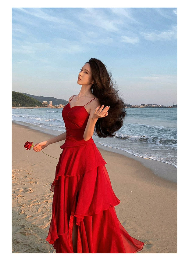 Sheath Spaghetti Strap Red Chiffon Summer Beach 18th Birthday Elegant Outfit Wedding Guest Dresses N4064