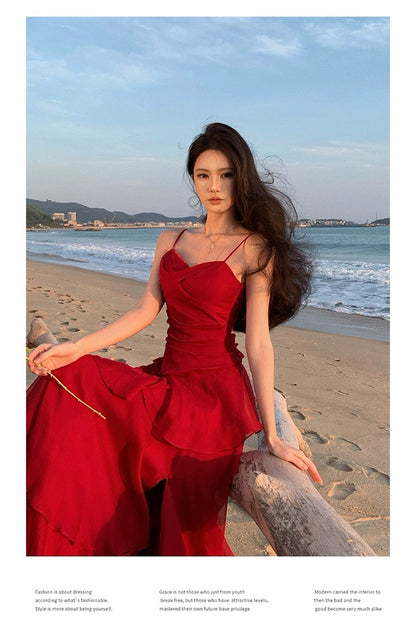 Sheath Spaghetti Strap Red Chiffon Summer Beach 18th Birthday Elegant Outfit Wedding Guest Dresses N4064