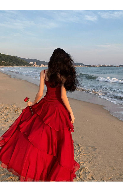 Sheath Spaghetti Strap Red Chiffon Summer Beach 18th Birthday Elegant Outfit Wedding Guest Dresses N4064
