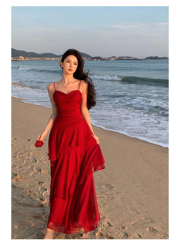 Sheath Spaghetti Strap Red Chiffon Summer Beach 18th Birthday Elegant Outfit Wedding Guest Dresses N4064