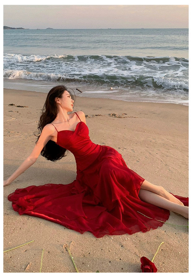 Sheath Spaghetti Strap Red Chiffon Summer Beach 18th Birthday Elegant Outfit Wedding Guest Dresses N4064