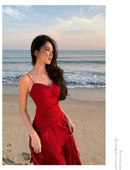 Sheath Spaghetti Strap Red Chiffon Summer Beach 18th Birthday Elegant Outfit Wedding Guest Dresses N4064