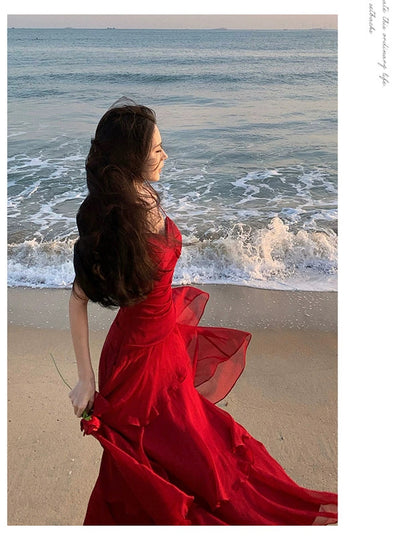Sheath Spaghetti Strap Red Chiffon Summer Beach 18th Birthday Elegant Outfit Wedding Guest Dresses N4064