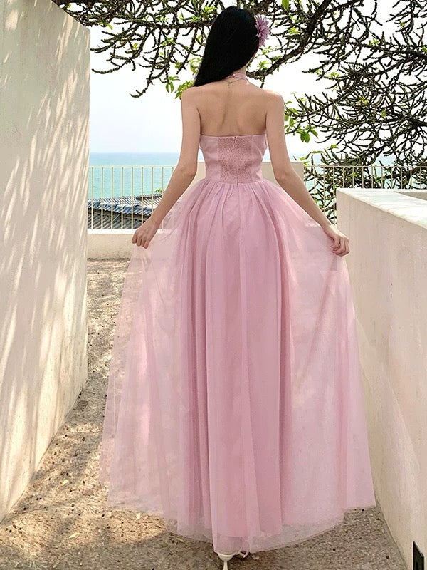 A line Halter Pink Tulle Prom Dress 21st Birthday Elegant Outfit Summer Wedding Guest Dresses N4065