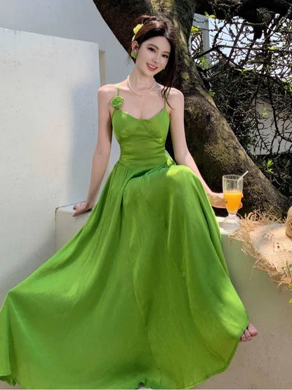 Einfaches A-Linien Spaghettiträger Grünes Chiffon Sommer Strand 19. Geburtstag Elegantes Outfit Hochzeitsgastkleider N4066