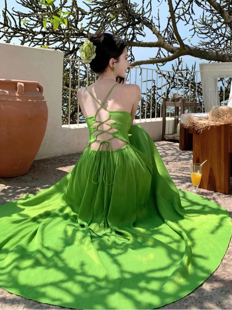 Einfaches A-Linien Spaghettiträger Grünes Chiffon Sommer Strand 19. Geburtstag Elegantes Outfit Hochzeitsgastkleider N4066