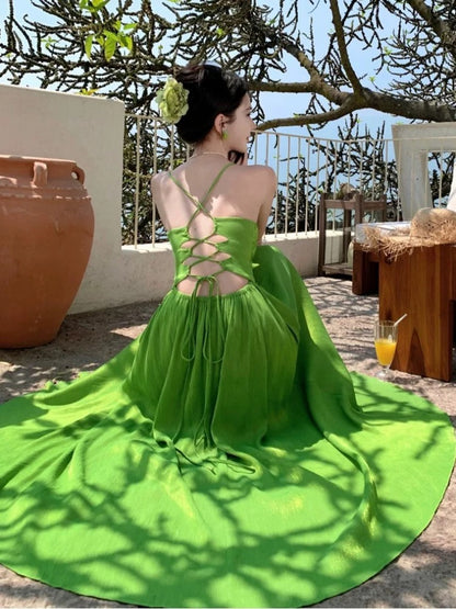 Einfaches A-Linien Spaghettiträger Grünes Chiffon Sommer Strand 19. Geburtstag Elegantes Outfit Hochzeitsgastkleider N4066