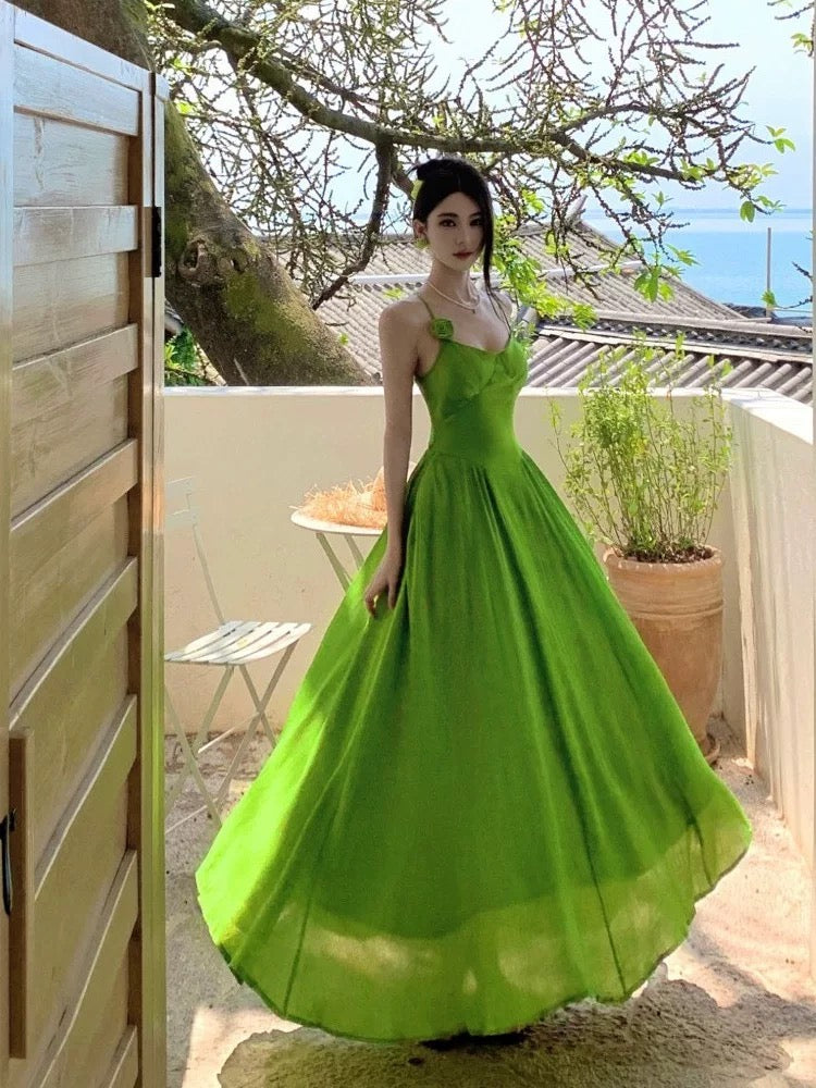 Einfaches A-Linien Spaghettiträger Grünes Chiffon Sommer Strand 19. Geburtstag Elegantes Outfit Hochzeitsgastkleider N4066