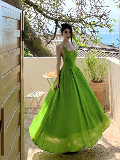 Einfaches A-Linien Spaghettiträger Grünes Chiffon Sommer Strand 19. Geburtstag Elegantes Outfit Hochzeitsgastkleider N4066