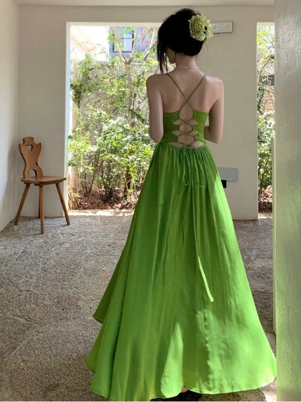 Einfaches A-Linien Spaghettiträger Grünes Chiffon Sommer Strand 19. Geburtstag Elegantes Outfit Hochzeitsgastkleider N4066