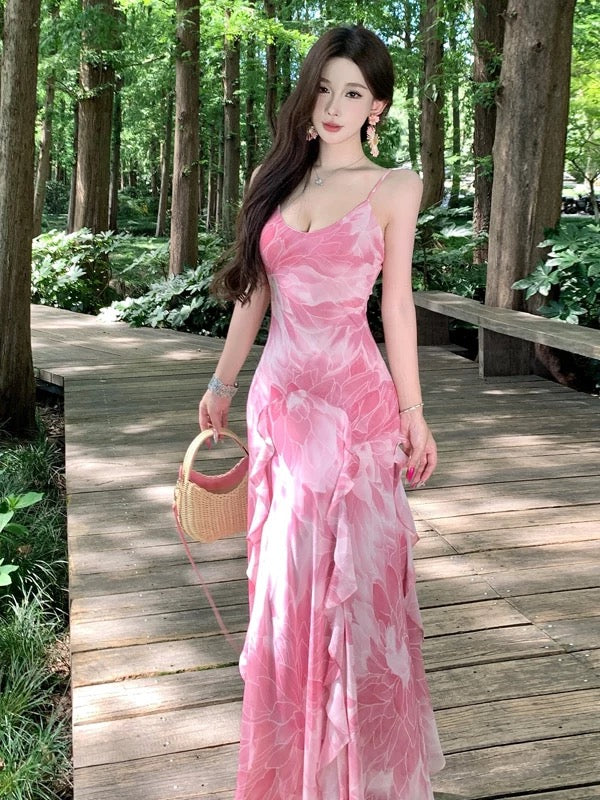 Schlichtes Meerjungfrau-Spaghettiträger-Kleid aus rosa Chiffon für Sommer, Strand, 19. Geburtstag, elegantes Outfit für Hochzeitsgäste N4067