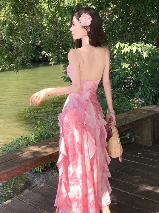 Simple Mermaid Spaghetti Strap Pink Chiffon Summer Beach 19th Birthday Elegant Outfit Wedding Guest Dresses N4067