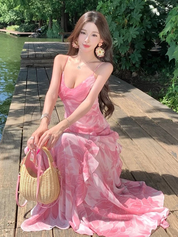 Schlichtes Meerjungfrau-Spaghettiträger-Kleid aus rosa Chiffon für Sommer, Strand, 19. Geburtstag, elegantes Outfit für Hochzeitsgäste N4067