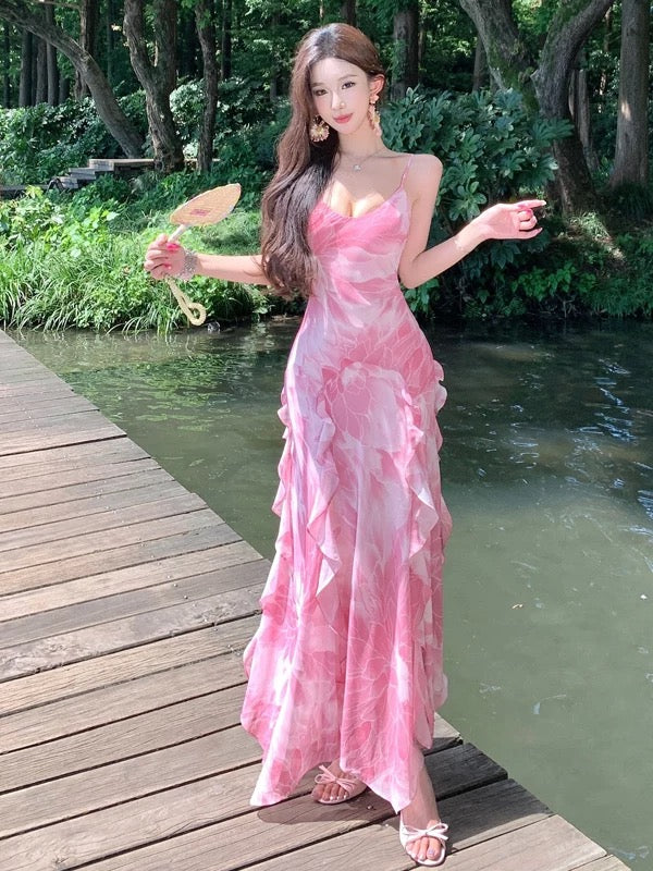 Schlichtes Meerjungfrau-Spaghettiträger-Kleid aus rosa Chiffon für Sommer, Strand, 19. Geburtstag, elegantes Outfit für Hochzeitsgäste N4067