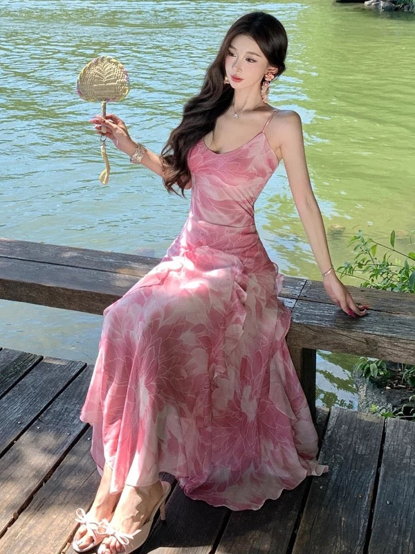 Schlichtes Meerjungfrau-Spaghettiträger-Kleid aus rosa Chiffon für Sommer, Strand, 19. Geburtstag, elegantes Outfit für Hochzeitsgäste N4067