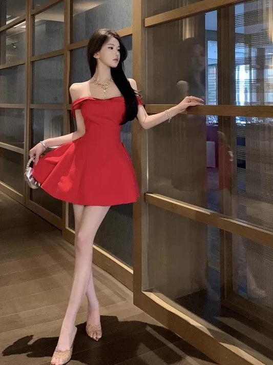 Sexy A line Off The Shoulder Red Satin Short Mini Party Dress Cocktail Homecoming Dresses N4068