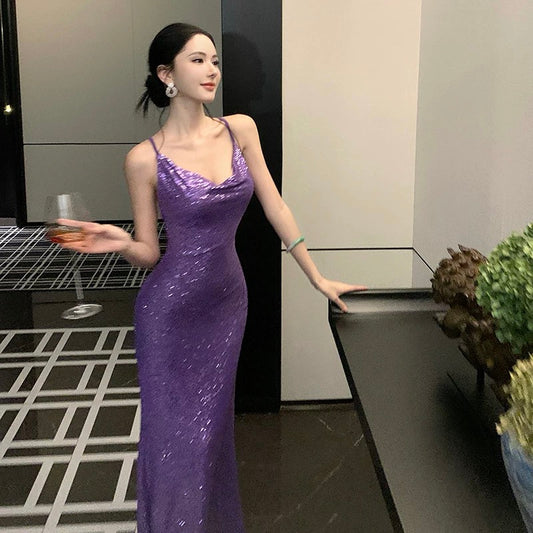 Sparkly Mermaid Spaghetti Strap Purple Sequin Summer Beach 19th Birthday Elegant Outfit Wedding Guest Dresses N4069