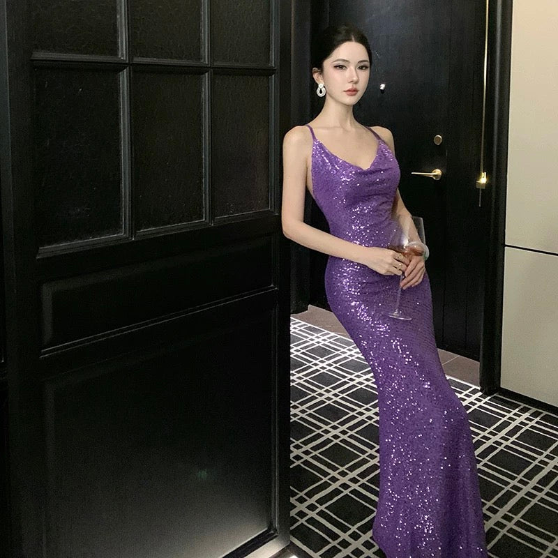 Robe de Soirée Élégante d'Anniversaire 19 ans pour Invitée de Mariage, Bretelles Fines, Paillettes Violettes Scintillantes, Sirène, Plage d'Été N4069