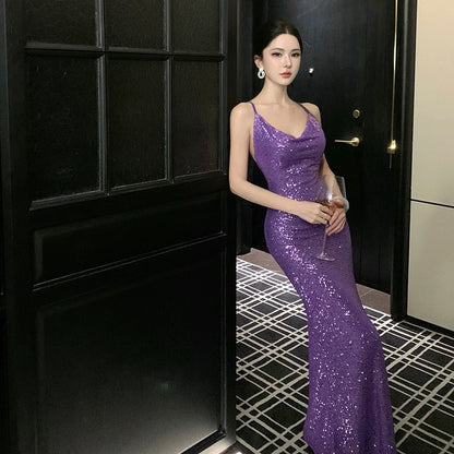 Robe de Soirée Élégante d'Anniversaire 19 ans pour Invitée de Mariage, Bretelles Fines, Paillettes Violettes Scintillantes, Sirène, Plage d'Été N4069