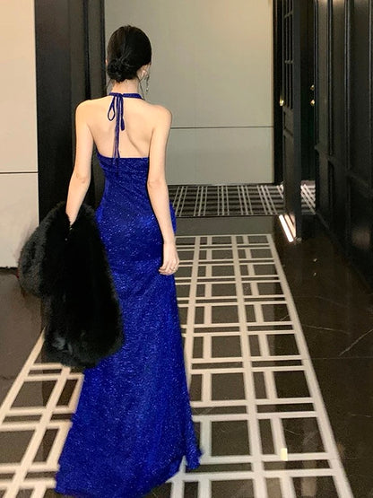 Sparkly Mermaid Halter Royal Blue With Slit Sequin Summer 19th Birthday Elegant Outfit Wedding Guest Dresses N4070