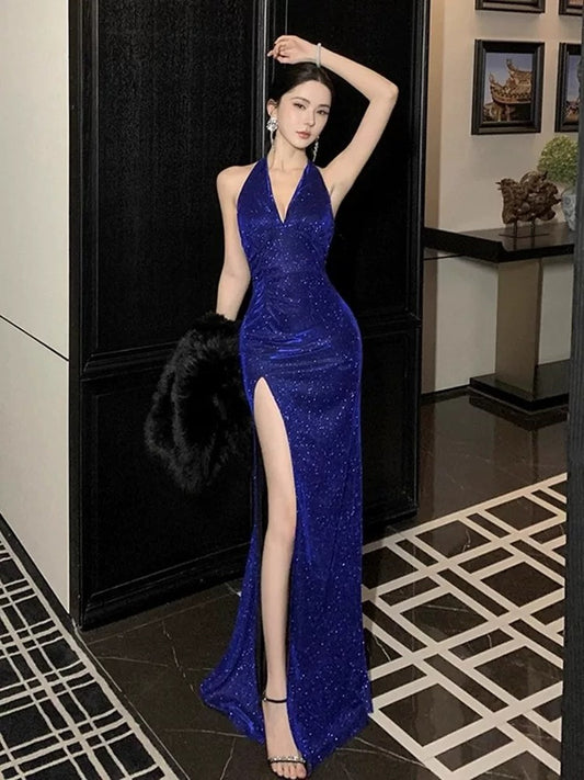 Sparkly Mermaid Halter Royal Blue With Slit Sequin Summer 19th Birthday Elegant Outfit Wedding Guest Dresses N4070