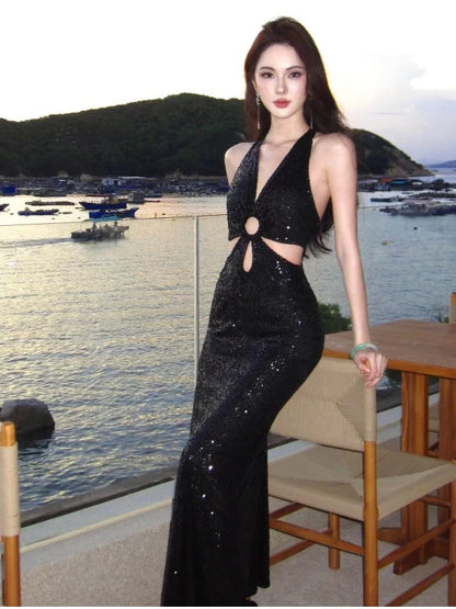 Glitzernde Meerjungfrau Halter Schwarz Krawatte Pailletten Sommer 19. Geburtstag Elegantes Outfit Hochzeitsgastkleider N4071