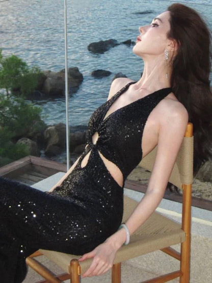 Glitzernde Meerjungfrau Halter Schwarz Krawatte Pailletten Sommer 19. Geburtstag Elegantes Outfit Hochzeitsgastkleider N4071