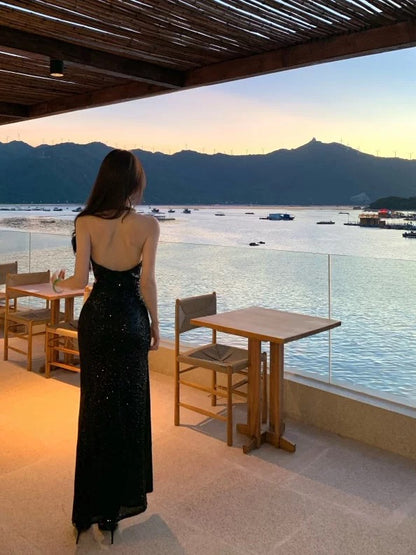 Glitzernde Meerjungfrau Halter Schwarz Krawatte Pailletten Sommer 19. Geburtstag Elegantes Outfit Hochzeitsgastkleider N4071
