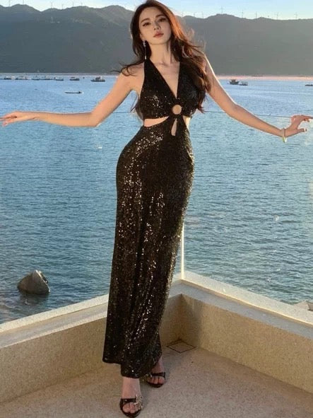 Glitzernde Meerjungfrau Halter Schwarz Krawatte Pailletten Sommer 19. Geburtstag Elegantes Outfit Hochzeitsgastkleider N4071