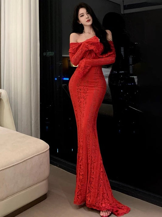 Mermaid Off The Shoulder Burgundy Lace Long Sleeves Prom Dress 21st Birthday Elegant Outfit Summer Wedding Guest Dresses N4072