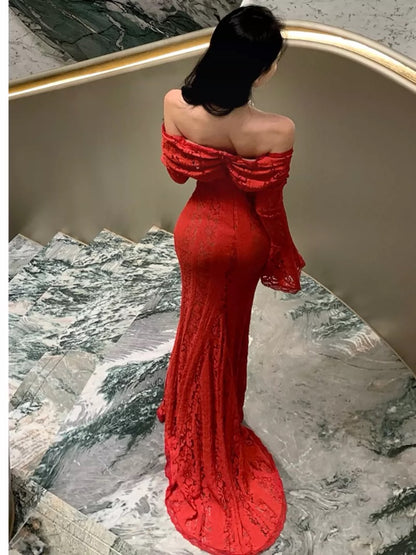 Meerjungfrau Carmen-Ausschnitt Weinrot Spitze Langarm Abschlussballkleid 21. Geburtstag Elegantes Outfit Sommer Hochzeitsgastkleider N4072