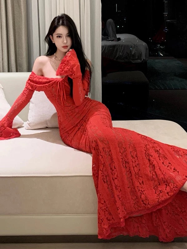 Meerjungfrau Carmen-Ausschnitt Weinrot Spitze Langarm Abschlussballkleid 21. Geburtstag Elegantes Outfit Sommer Hochzeitsgastkleider N4072
