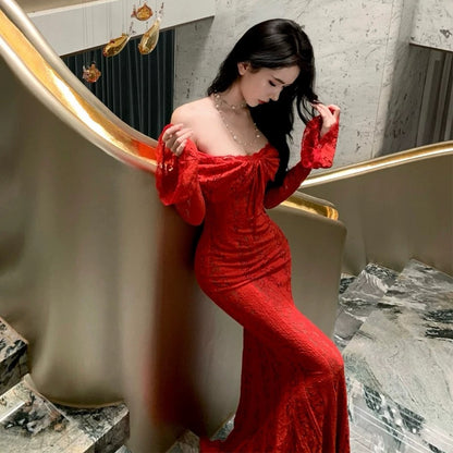 Meerjungfrau Carmen-Ausschnitt Weinrot Spitze Langarm Abschlussballkleid 21. Geburtstag Elegantes Outfit Sommer Hochzeitsgastkleider N4072