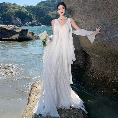 A-Linie V-Ausschnitt Chiffon Weiß Mit Rüschen Sommer 19. Geburtstag Elegantes Outfit Hochzeitsgastkleider N4073