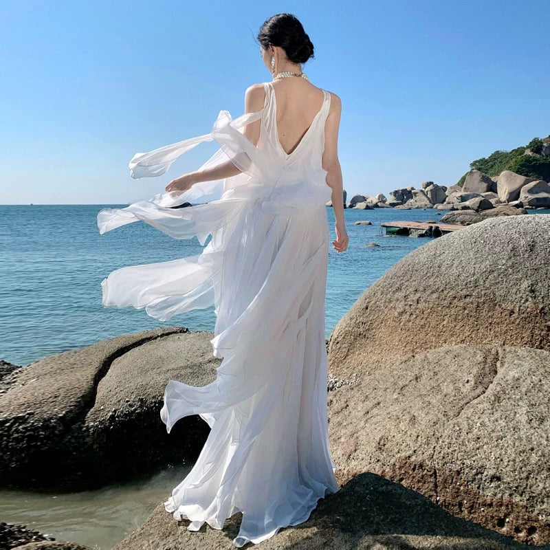 A-Linie V-Ausschnitt Chiffon Weiß Mit Rüschen Sommer 19. Geburtstag Elegantes Outfit Hochzeitsgastkleider N4073