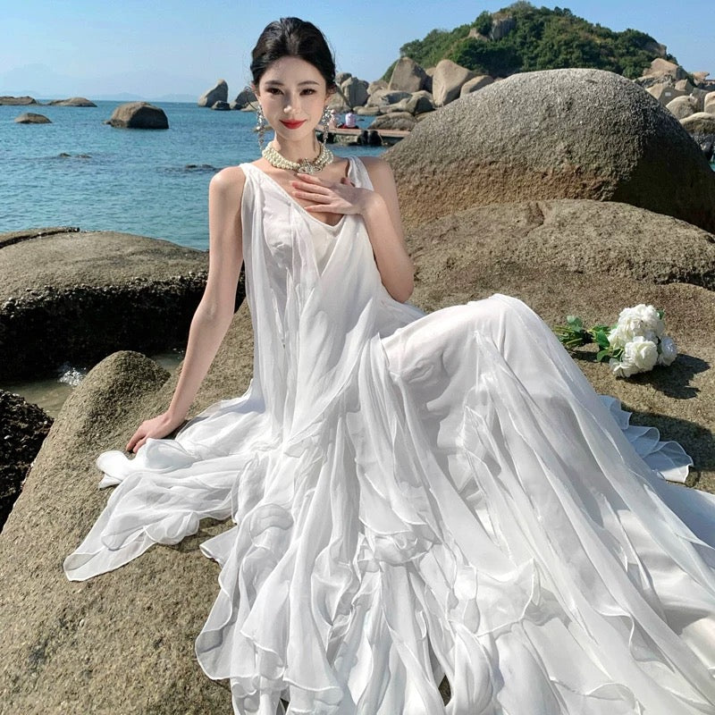 A-Linie V-Ausschnitt Chiffon Weiß Mit Rüschen Sommer 19. Geburtstag Elegantes Outfit Hochzeitsgastkleider N4073